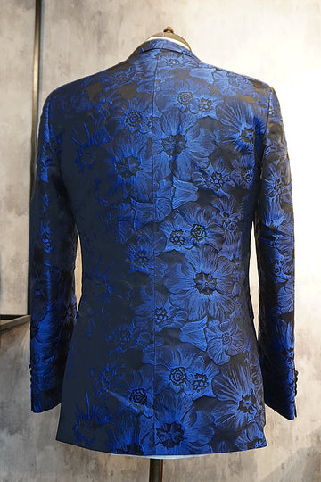 Peak Lapel Jacquard Two Buttons Royal Blue Single Breasted Men's Formal Blazer